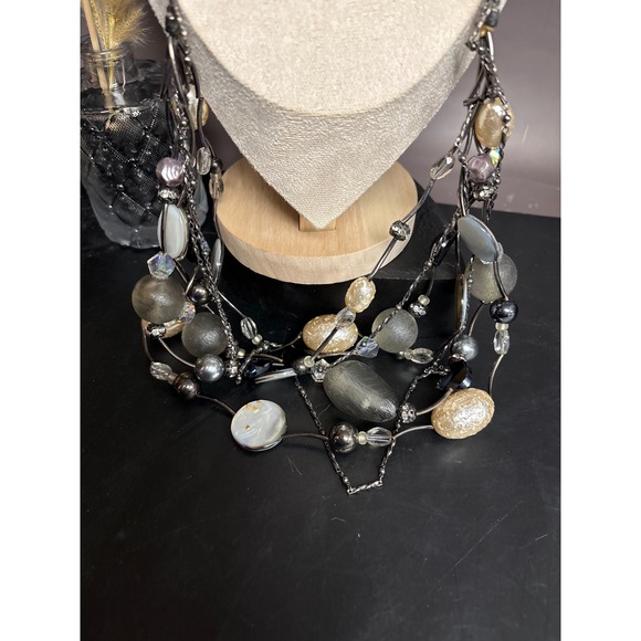 Chico's Layered Black Ribbon Statement Necklace | Gunmetal Beads + Faux Pearl - Picture 4 of 6